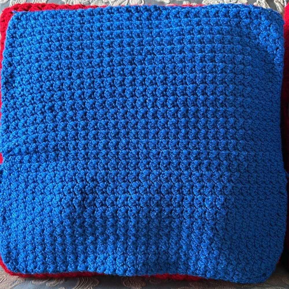 Hand Crafted Bright Blue Knit Throw Pillow Cover 18 x 18 Hand Crochet Heirloom